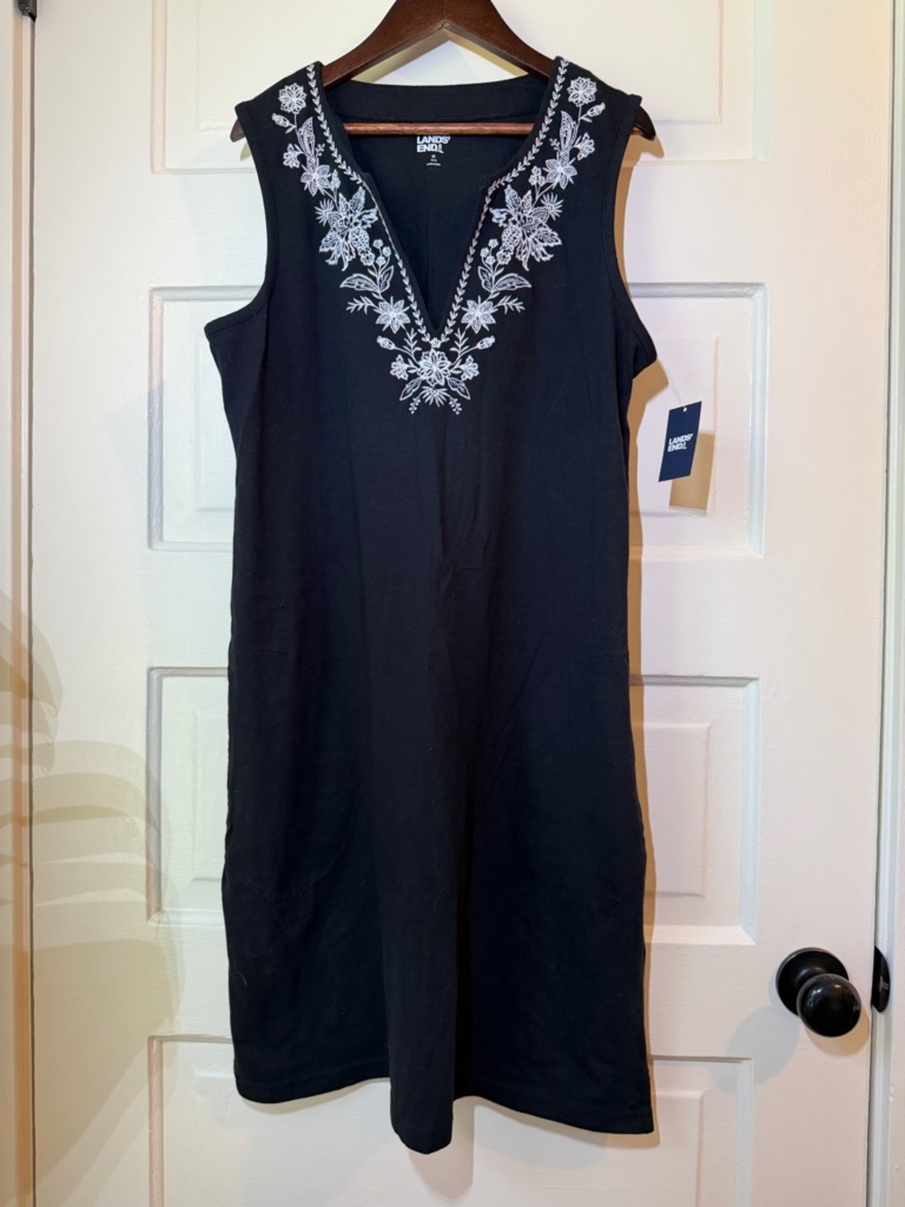 Lands' End 100% Cotton Black Dress with White Floral Embroidery